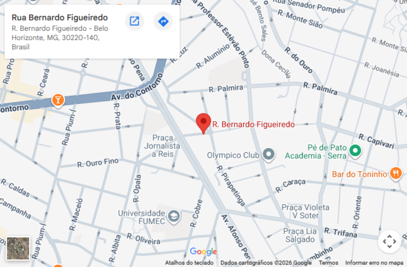 Mapa do consultório da Dra. Carolina de Castro, R. Bernardo Figueiredo, Serra, Belo Horizonte